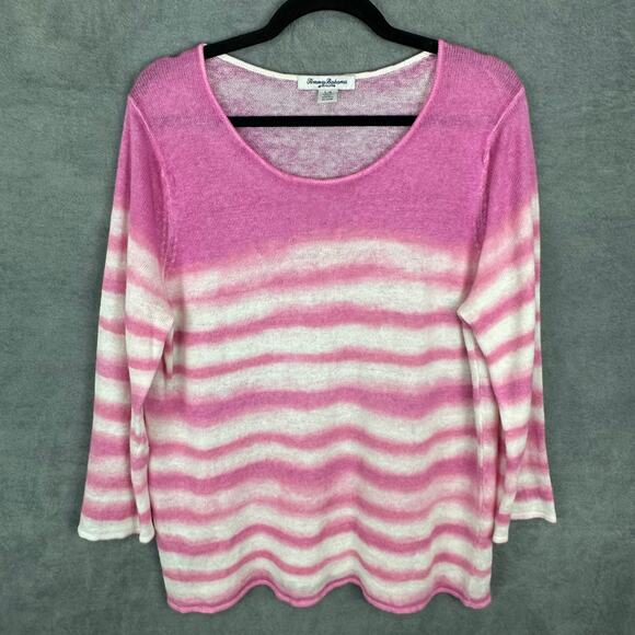 Tommy Bahama Sweater Women Large Pink Striped Linen 3/4 Length Sleeve Beach Boho - Picture 1 of 10